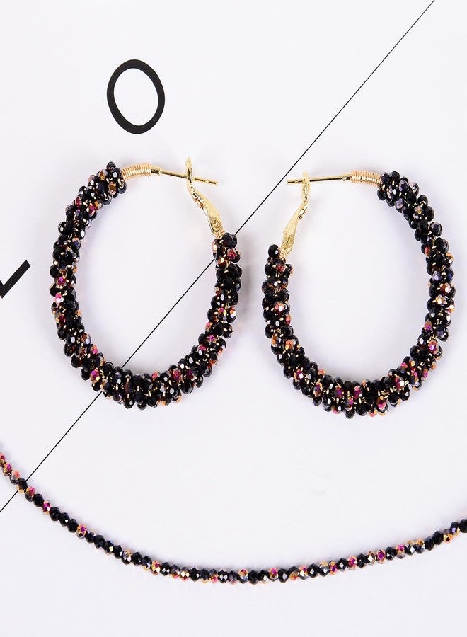 CHCCOYE Handmade Beaded Hoop Earrings Bohemia Circle Earrings 2mm Color Plating Faceted Glass Beads Colorful Crystal Beaded,party Wedding Women Jewelry Gift (Black Pink) - Image 4